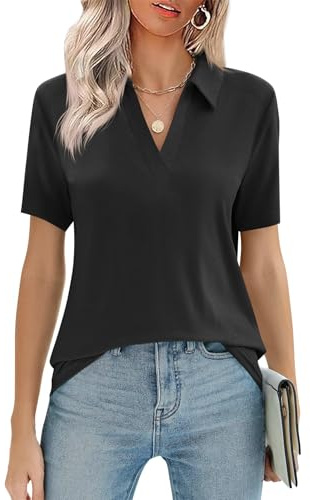 Cicy Bell Women's V-Neck Polo Shirt, Short-Sleeved Blouse, Polo Shirt, Business top, Tops,Black,L