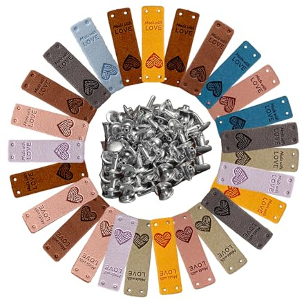 TAKONE Handmade Label Leder Set 30 Stück PU Lederetiketten mit Nieten | 30 Stück Set, PU-Leder, mit Nieten, vorgestanzte Löcher, zum Annähen für Kleidung und Taschen