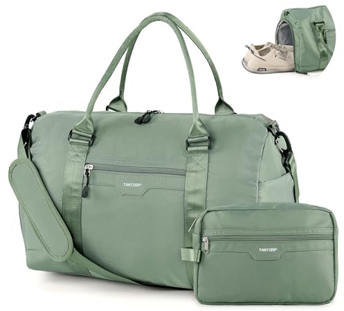 TANTOMI Reisetasche Damen 44.5x20x28, Handgepäck Tasche Flugzeug für Damen, Reisetasche Weekender Sporttasche, Travel Bag mit Schuhfach und Kulturbeutel, Grün
