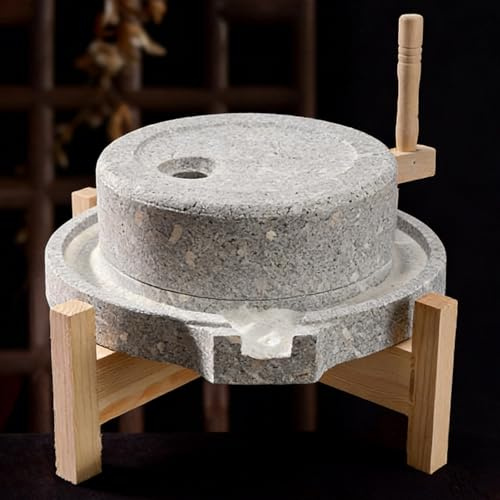 Manual Stone Grain Mill, Heavy Duty Natural Stone Mill Grinder with Wooden Base and Handle, Fineness is Adjustable, Easy to Clean, for Household Flour, Grain(35+45cm)