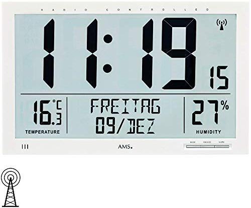 AMS 5887 Wanduhr Tischuhr Funk Funkwanduhr digital weiß Datum Thermometer Wecker