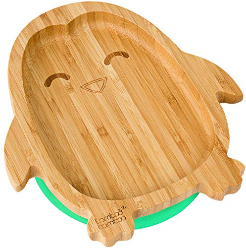 bamboo bamboo Plato Para Bebé Y Niño, Plato De Bambú En Forma De Pingüino Con Succión Segura, Vajilla Antideslizante Para Alimentación Y Destete, Para Bebés Desde 6 Meses (Pingüino, Verde)