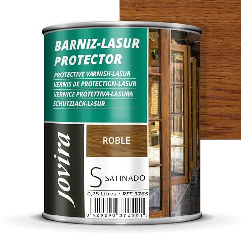 JOVIRA PINTURAS BARNIZ-LASUR PROTECTOR SATINADO (7 colores) Protege, decora y embellece todo tipo de madera (750 Mililitros, Roble) D-02