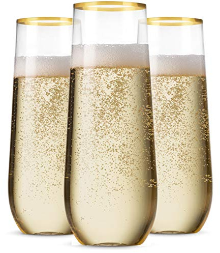 Munfix 48 Pack Stemless Plastic Champagne Flutes Disposable 9 Oz Gold Rim Clear Plastic Toasting Glasses Shatterproof Recyclable and BPA-Free