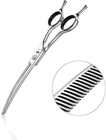 PURPLEBIRD 6.5 Inch Downward Curved Dog Grooming Scissors Pet Thinning Texturizing Shears Professional Safety Blunt Tip Trimming Shearing for Dogs Cats Face Paws Limbs Japanese Stainless Steel Silver