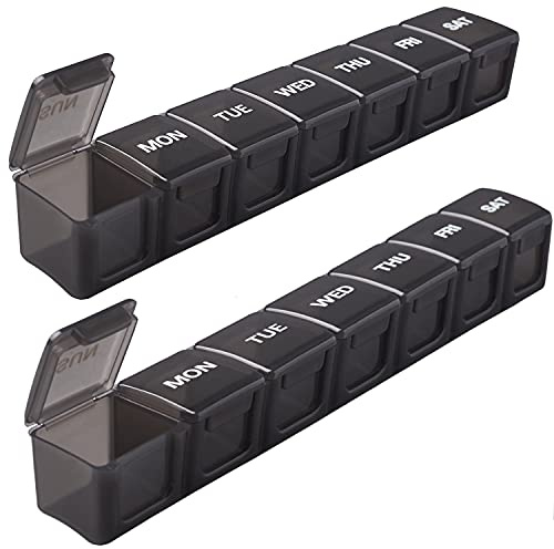 Tablettenbox 7 Tage, Schwarz Pack of 2 XL Large Pill Box | 7 Compartments, Easy to Open, Pack of 2 Medicine Box for Medications, Vitamins, Fish Oil, Dietary Supplements