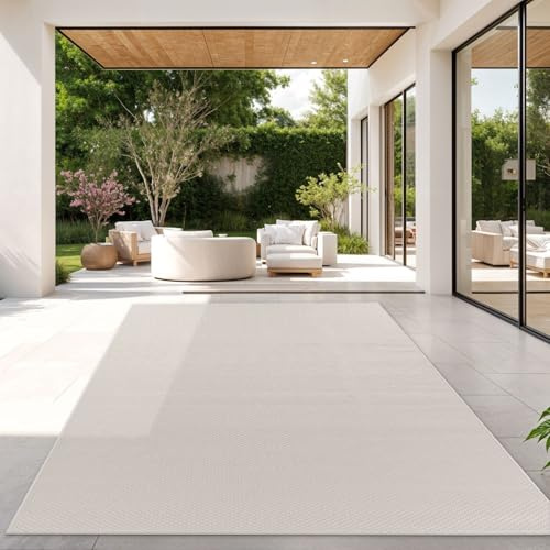 TT Home Teppich Für Outdoor Wetterfest Küchenteppich Balkon Terrasse Unifarbenes Design Modern, Farbe: Elfenbein, Größe:140x200 cm
