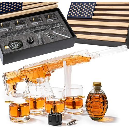 The Wine Savant AR15 - Set di bandiere decanter per whisky, 1000 ml, confezione regalo con bandiera americana e bicchieri da proiettile, refrigeratori, decanter per pistole, accessori per bere, per