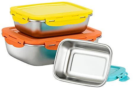 Set di 3 scatole di conservazione alimentare in acciaio inossidabile, contenitori ermetici per alimenti rettangolari, piatti di conservazione con coperchi per lavastoviglie, 600 ml/ 1500 ml/ 2900 ml