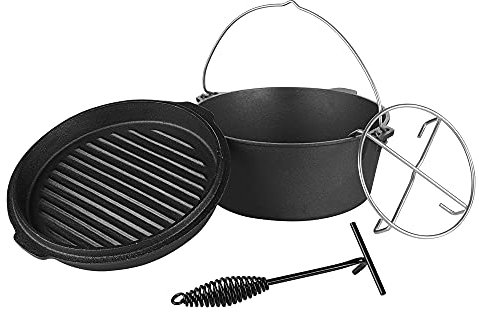 Melko Marmite à feu Pot de cuisson Four Hollandais Potjie en fonte Pot en fonte Pot de cuisson de camping Lève-couvercle Marmite à feu Rôtisseur Pot de BBQ