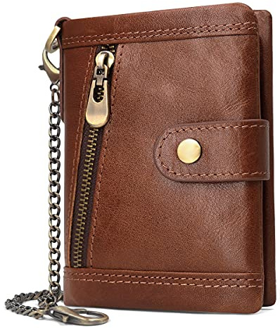 HNOOM Geldbörse Herren RFID Schutz Echtem Leder Geldbörse mit Kette Herren Geldbeutel mit Münzfach Reißverschluss Portemonnaie 17 Kartenfächern Männer Portmonee Brieftasche mit Geschenkbox (Kaffee)