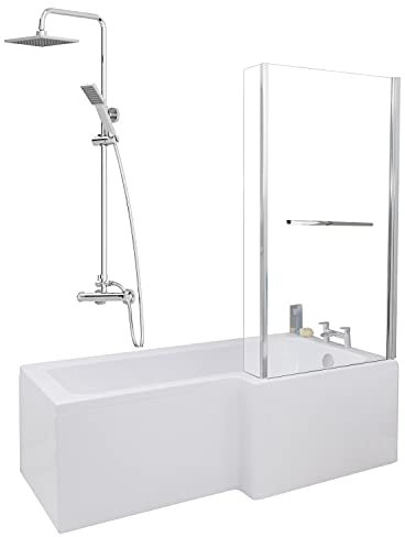 1700 x 855mm Right Hand L Shaped Shower Bath Bathroom Bathtub Glass Shower Screen with Rail Front End Panel & Thermostatic Mixer Shower Set Handheld Chrome Square Rainfall Head