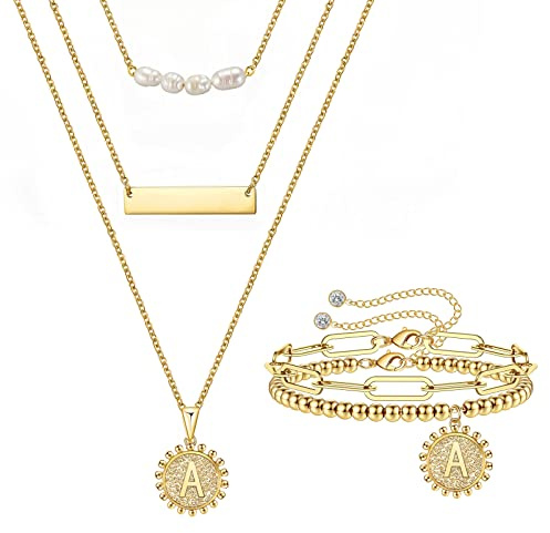 JINHUI Delicados collares con iniciales en capas para mujeres, collar de cadena con clip de papel chapado en oro de 18 quilates, collar simple con colgante de letra hexagonal con inicial gargantilla