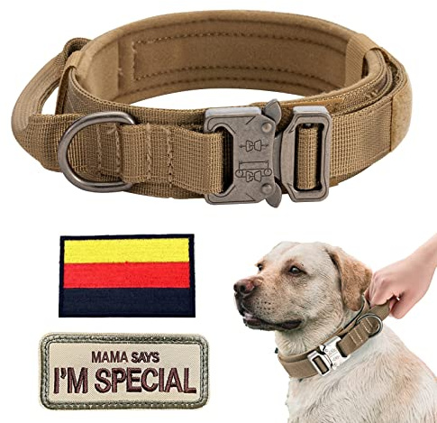 Eeyfarog Hundhalsband justerbart med kontrollhandtag, taktiskt halsband nylon, hundhalsband vadderat, metallspänne, för medelstora stora hundar jakt träning utomhus, brun XL bred