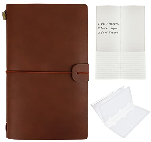 HMIEPRS Leather Vintage Notebook with Elastic Closure and Card Pockets, Refillable Travel Journal Diary, Handmade Leather Notepad 2 Kinds of Insert Book Gift for Writer, Poet, Traveler