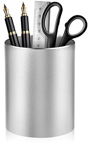 Dopaka Metall Stiftehalter Runder Aluminium Stiftehalter Schreibtisch Stifteköcher,Füllfederhalter Organizer Aufbewahrungsbox für Büro,Kinder, Schule und Kosmetik Organizer 8x10 cm Silber