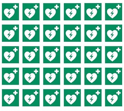 30 Aufkleber Defibrillator E010 - ø 5 cm - UV- und witterungsbeständig - ISO 7010 - nachhaltig - Gebotszeichen Gebotsschild Schild (5 cm, Defibrillator)