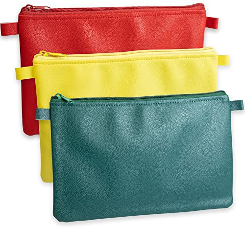 effektivo 3-er Set farbige Geldtaschen, Geldbeutel, Banktasche, Bankmappe, Dokumententasche mit Reißverschluss, Stiftetasche, Kosmetiktasche rot gelb grün