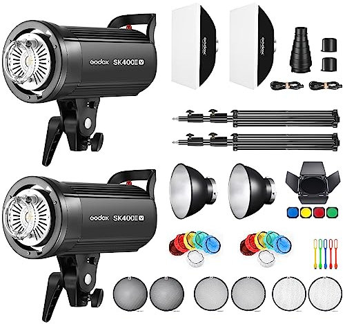 Godox SK400II-V*2 Kit 400w Professional Strobe Studio Flash Kit 5600±200K Built-in GODOX 2.4G X System 0.1-1.5S Recycle Time with LED Modeling Lamp for Wedding,Portrait,Fashion,Product Photography