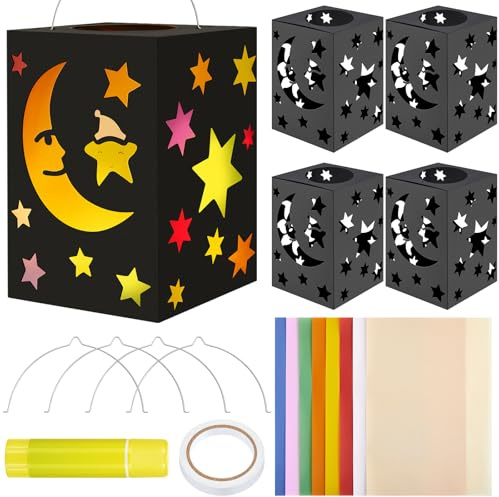 Weewooday 4 Set Laternen Bastelset Sankt Martin Laternenumzug 20 x 14 X14 cm Sonne Mond Sterne Laternen zum Basteln Laternen Rohlinge mit 8 Blatt Bunt Transparentpapier(Sterne Mond)