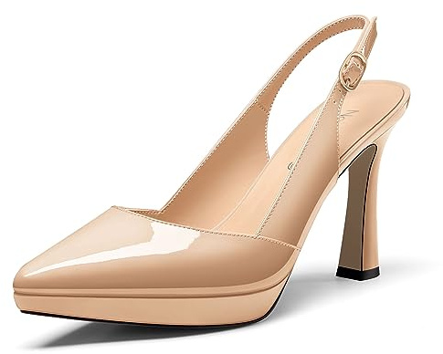 NobleOnly Donna Spillo Alto High Tacco Heel a Punta Slingback Piattaforma Pumps Slip-on Fibbia Casual Dress Scarpe 10 CM Heels Beige 45 EU