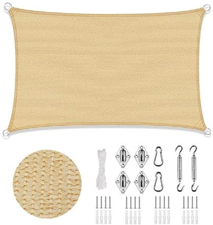 LOVE STORY Vela Ombreggiante 3x3m con Kit di Fissaggio Rettangolare Sabbia Tenda da sole per esterno Ombreggiante Permeabile (HDPE) con Protezione 95% UV Per Esterno, Giardino, Terrazzo, Balcone