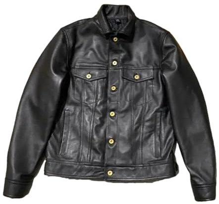 100% Schaffell Vintage Western Jacke Echtes Leder Button Down Jeansjacke Für Männer, Schwarzes dünnes Futter, M
