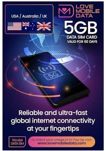 Love Mobile Data Only Sim Card - International Multi-Network 4G/5G Prepaid Pay As You Go Data Sim for Mobile Phones, WiFi Routers, & More, Australia & New Zealand - 5GB for 60 Days