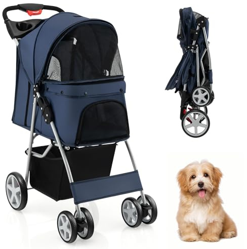 SOARS Poussette Chien Pliable, Charge 15 KG, Pousette Chat avec Fenêtre en Filet, Porte-Gobelet, Panier de Rangement, Coussin Confortable, pour Animaux de Compagnie, 87 X 46 X 102 CM (Bleu Foncé)