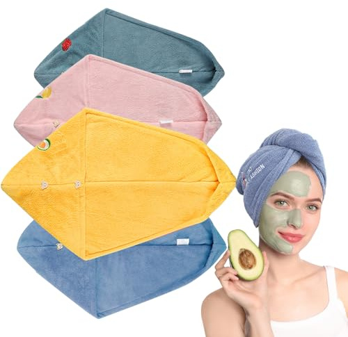 WYRGQIQN Juego de 4 Toallas de Microfibra para Secado de Cabello Prácticos Turbantes de Secado Rápido con Botón - Variados Colores para Todas Las Ocasiones y Necesidades.