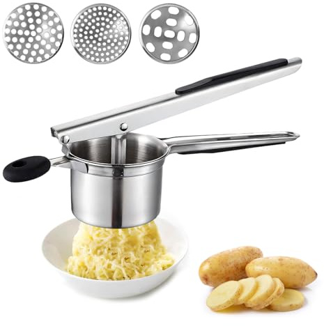 Golgner Potato Press Stainless Steel Spaghetti Ice Cream Press, Spaetzle Press with 3 Interchangeable Strainers, Potato Squeezer, Potato Press, Dishwasher Safe, for Mashed Potatoes, Fruit Juices,