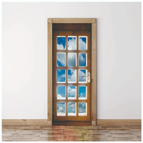 XAONUO Türtapete Selbstklebend Türposter Tür Aufkleber Für Innentüren 3D Blau Himmel Wolken Fenster 88X200Cm Bewegliche Tür Wasserdicht Wohnzimmer Schlafzimmer Tür Dekoration Aufkleber