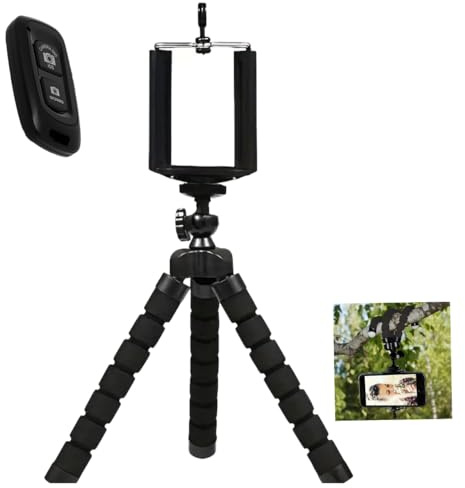 Flexible Mini Tripod Holder with Bluetooth Remote Shutter, Portable Travel Camera Mobile Phone Mount Compatible with Smartphone, Android Phones, 360 Degrees Rotation, Mini Phone Tripod, Black