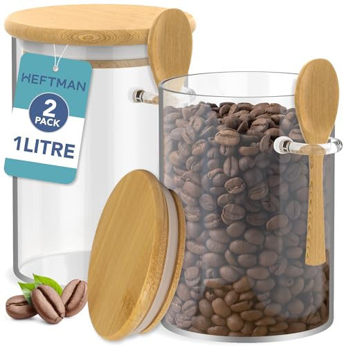 HEFTMAN Glasdosen mit Bambusdeckel - 1 Liter, 2 Stück Glasdosen mit luftdichten Bambusdeckeln und Löffeln