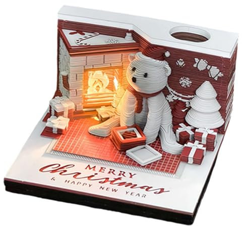 3D Time Piece Kalender 2025, 3D Memo Pad Weihnachten Bär mit Licht, 3D Kunst Notizblock Papier Handwerk Baustein, Tear Off Papier Reveal Bär, Non-Stick Notizblock Würfel Notizkarten Aufkleber Post