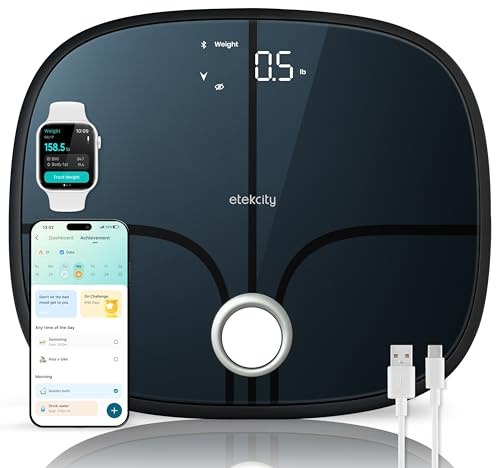 Etekcity Intelligente, wiederaufladbare Waage für Körpergewicht, BMI, Fett, Muskelmasse, digitale Personenwaage mit 13 Metriken, Geheimmodus, Bluetooth-Verbindung zu kostenlosen Apps mit Health