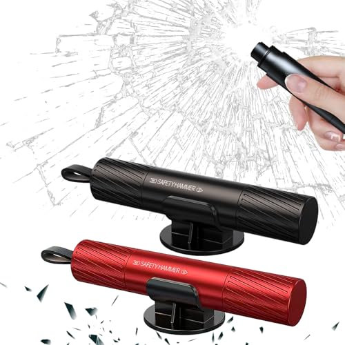 2Piezas Martillos de Emergencia para Coche,2 en 1 Rompe Cristales Coche,Metal Multifuncional Martillo de Escape de Emergencia en el automóvil,martillo de emergencia portátil compacto(Rojo,Negro)