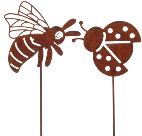 itsisa Blumenstecker Lady Bee - Biene und Marienkäfer (2er Set) im Rost Design, L:30 cm - Rostfigur für den Garten, Gartendeko, Gartenstecker