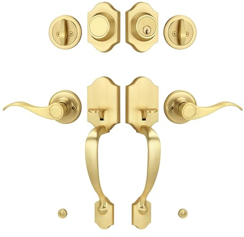 LOQRON Double Front Door Handle Set with Dummy and Deadbolt, Brushed Gold Entry Front Door Lock Set with Gold Classic Half Grip Curved Door Handle for Exterior Doors or Office, Satin Brass