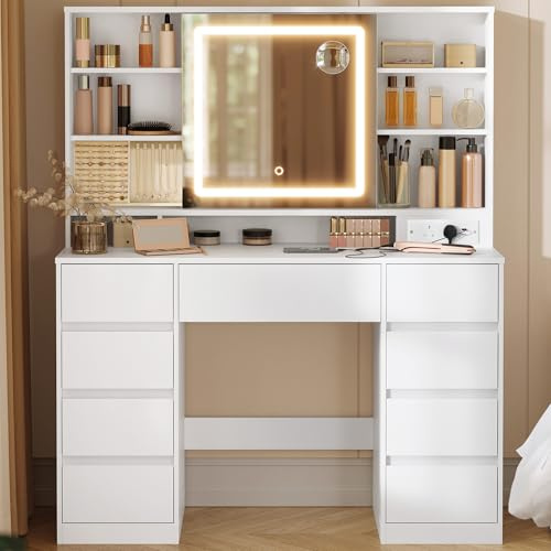 VASAGLE KAILYN Collection - Dressing Table with LED Mirror, Vanity Desk with Power Outlets, 9 Drawers, 10x Magnifying Mirror, 3 Light Colours, Toolless Slide Rail Assembly, Cloud White RDT137W02
