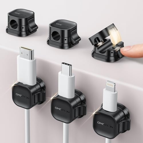 OMOTON 6 Stück Kabel Organizer, [1s-Lock Dual-Feder] Selbstklebende Kabelhalter Kabelclips, Kabelmanagement für Schreibtisch, Nachttisch, Ladekabel, USB Kabel, HDMI (bis zu 7,5 mm), Schwarz