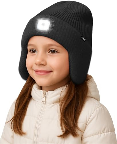 ATNKE Niños LED Luminoso Gorro Sombrero con Orejeras,USB Recargable 4 LED Correr Gorra Manos Libres Lámpara Invierno Cálido Vellón Forrado Punto Beanie Regalos para Niños y Niñas