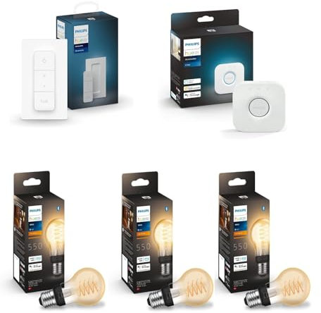 Philips Hue Starterpaket – E27 – mit 3 Filament-Standardlampen (A60) – Warmweißes Licht – Inkl. 1 Hue Bridge, 1 Hue Dimmschalter – Hue White Filament smarte Lichtsteuerung über Sprache und App