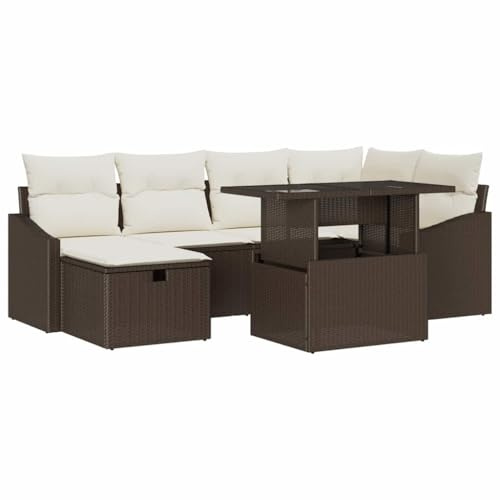 vidaXL Trädgårdsoffset med kudde 7 pcs Brun konstrotting, Trädgård och Terass, Modulär Utemöbel, Rattan-soffor för Avkoppling, UV-skyddad Utformning