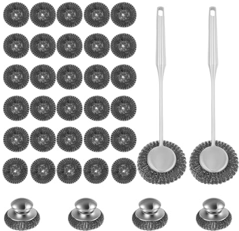 Stainless Steel Scrubber Ergonomic Steel Wool Scrubber with Handle Kitchen Scouring Cleaning Steel Scrubber Pot Scrubber Dish Cleaning Scrubber Brush with Replacement Wire Pad for Dish