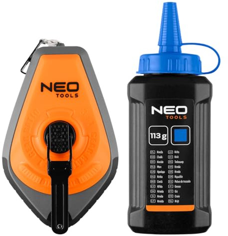 NEO TOOLS Schlagschnur 3:1 mit ABS+TPR Gehäuse und blauer Kreide | 30m Schnurlänge, Schnellaufrollsystem & Blockierung, Präzise, Für Bau und Renovierung