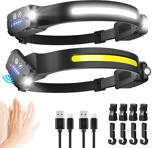 Stirnlampe LED Wiederaufladbar, 2 Stück Superhell 300° Weitwinkelstrahl & Einstellbarer Scheinwerfer, 9 Modi mit Sensor, 2400mAh Akku IPX6 Wasserdichte Leichte Kopflampe Stirnlampe für Joggen Camping