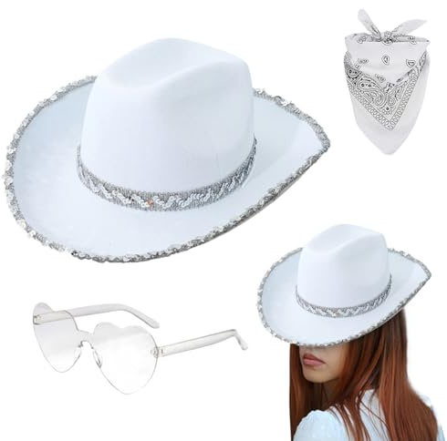 Générique Sequin Cowboyhut Cowboyhut Fasching Cowboy Hut Stylischer Helm mit Bandana und Brille für die Konzertparty Karneval Hochzeit Kostüme
