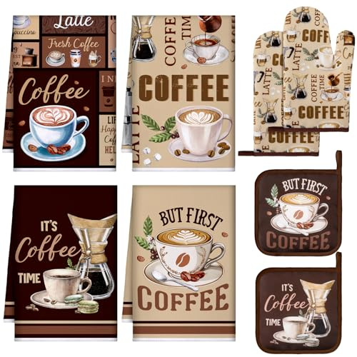 Fourluoo 8 Pcs Coffee Kitchen Towels and Dishcloths Sets Oven Mitts and Pot Holders Sets Absorbent Kitchen Gloves Potholders Heat Resistant for Chef Baking Cooking