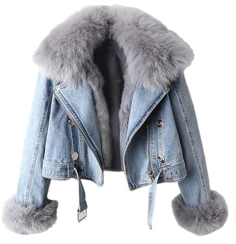 Donne Giacca di Denim Sherpa Pile Foderato Giacca di Denim Corta Pelliccia Sintetica Raccolto Parka Shacket Addensare Shaggy Inverno Outwear (Azzurro,S)